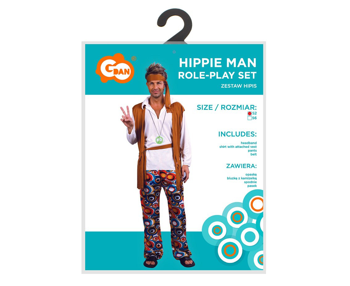 Role play-set for adult Hippie Man (headband, shirt with attached vest, pants, belt), size 52