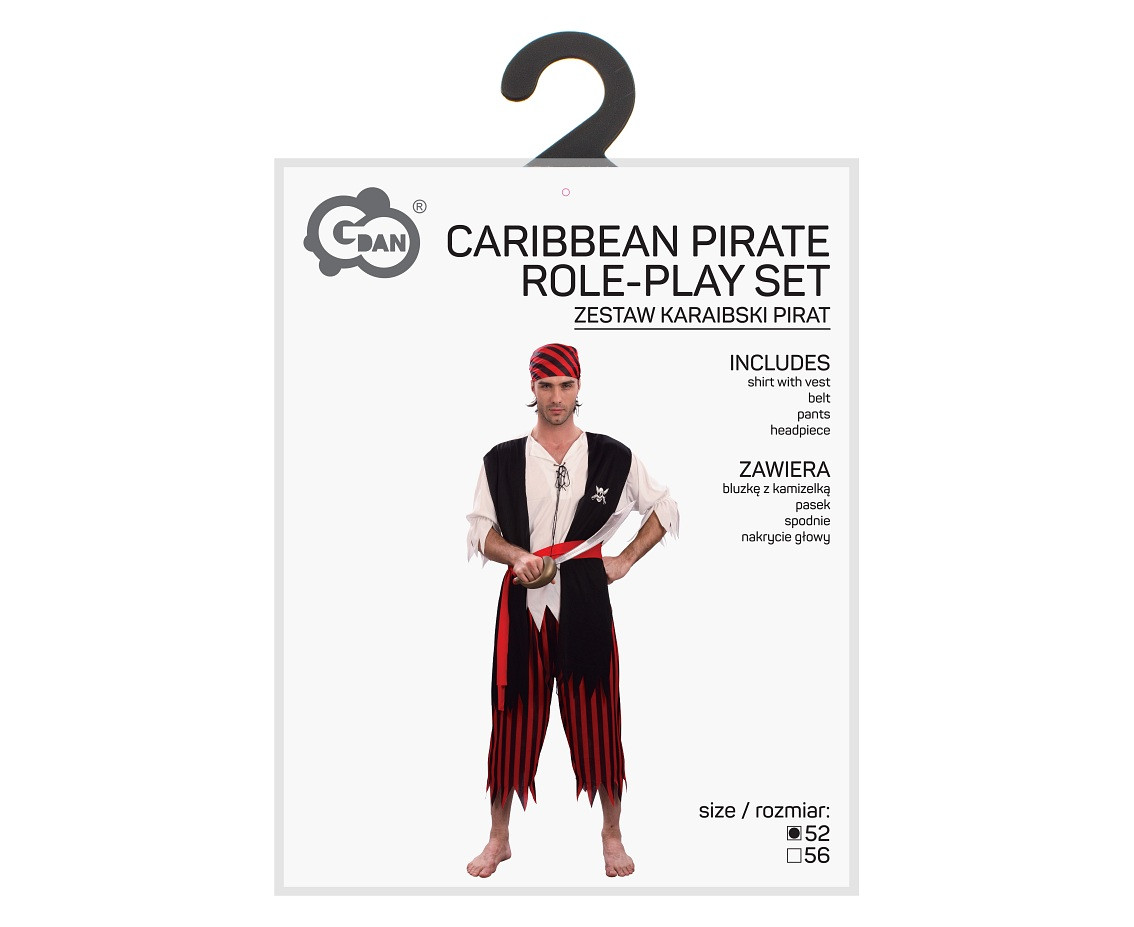 Role-play set for adult Caribbean Pirate (shirt with vest, belt, pants, headpiece), size 52
