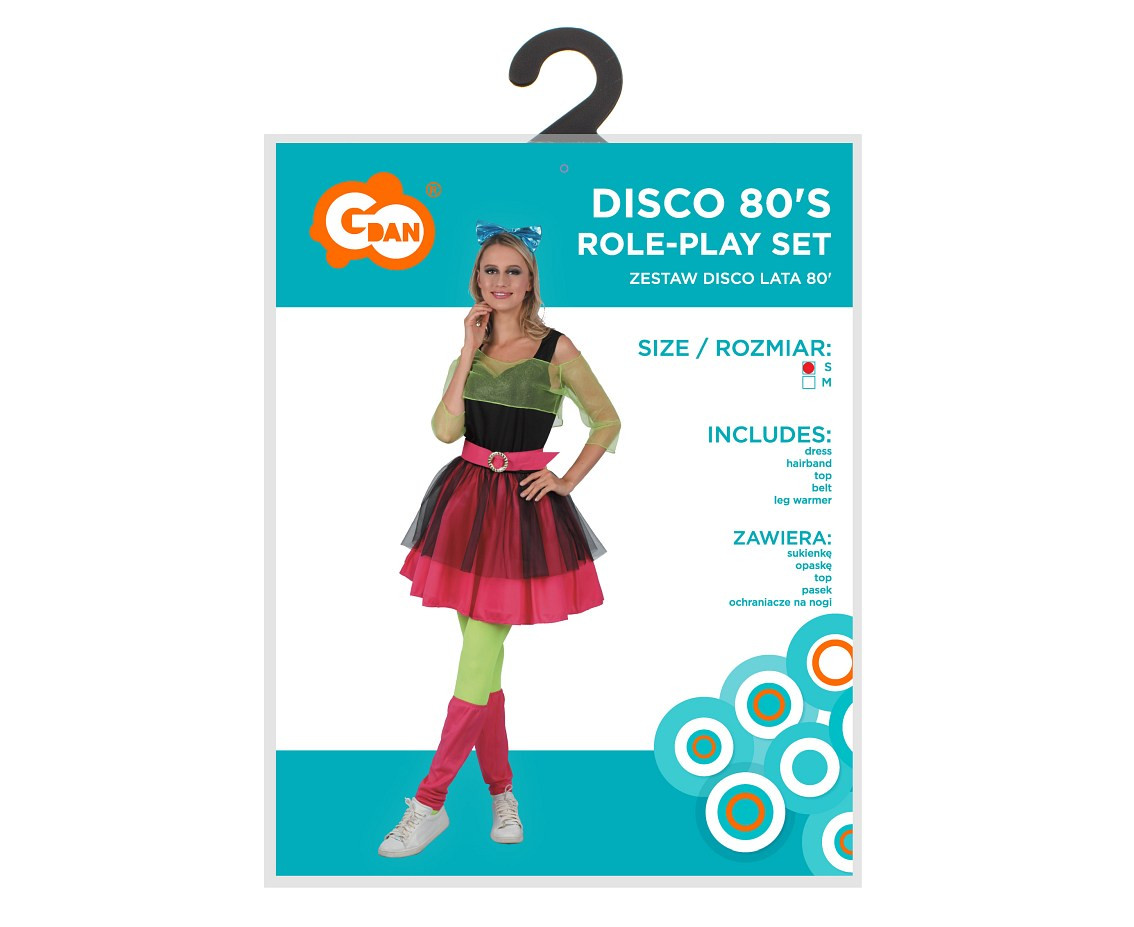 Role play-set for adult Disco 80's (dress, hairband, top, belt, leg warmer), size S