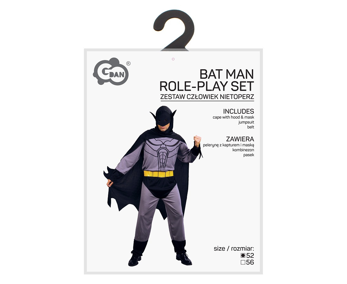 Role play-set for adult Bat Man (cape with hood & mask, jumpsuit, belt), size 52