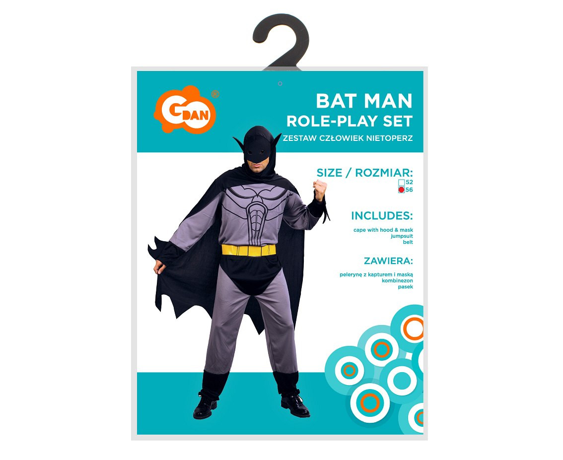 Role play-set for adult Bat Man (cape with hood & mask, jumpsuit, belt), size 56