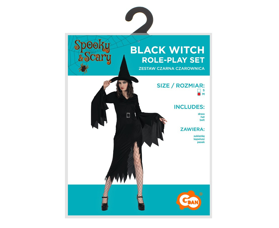 Role play-set for adult Black Witch (dress, hat, belt), size M