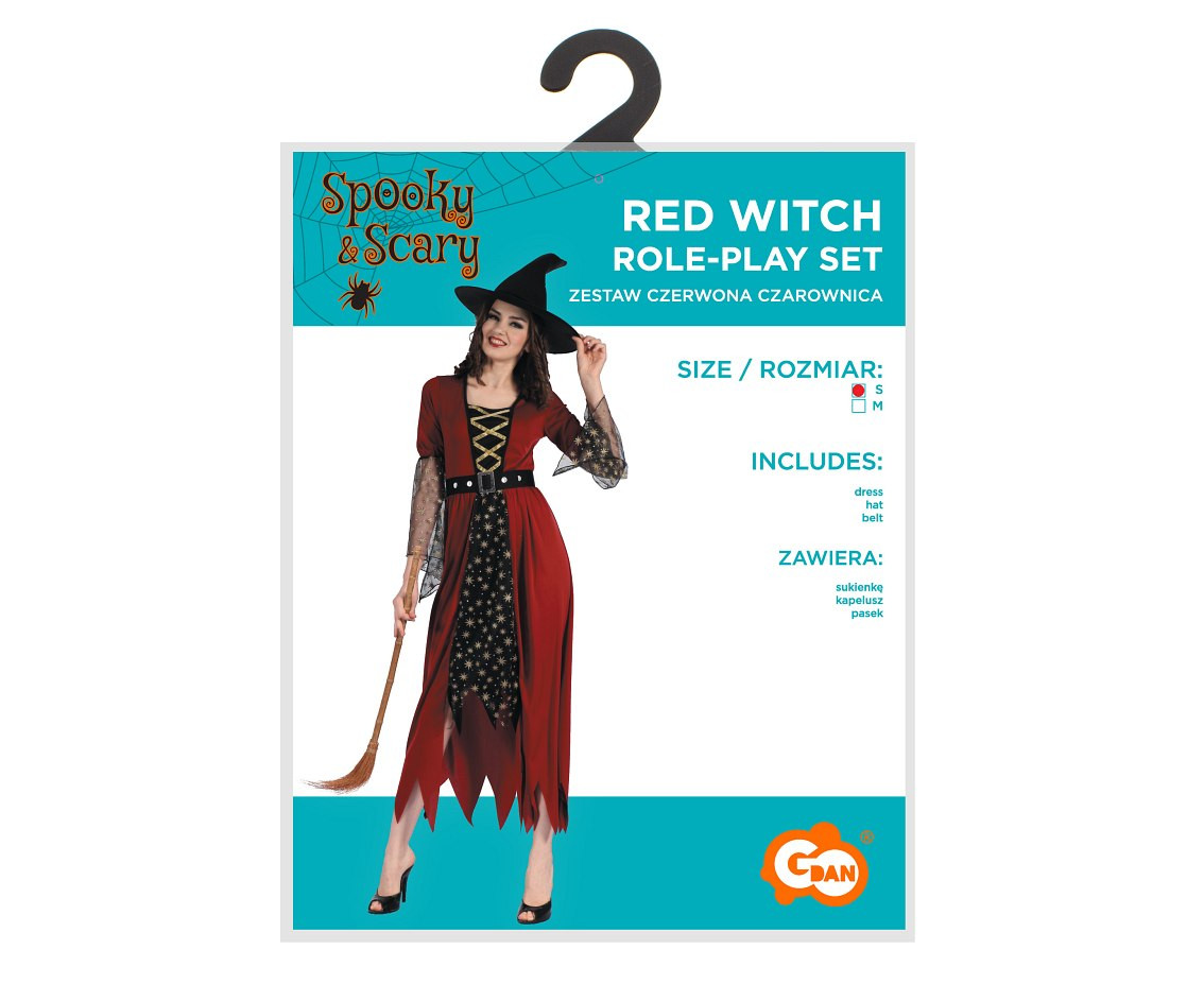 Role play-set for adult Red Witch (dress, hat, belt), size S