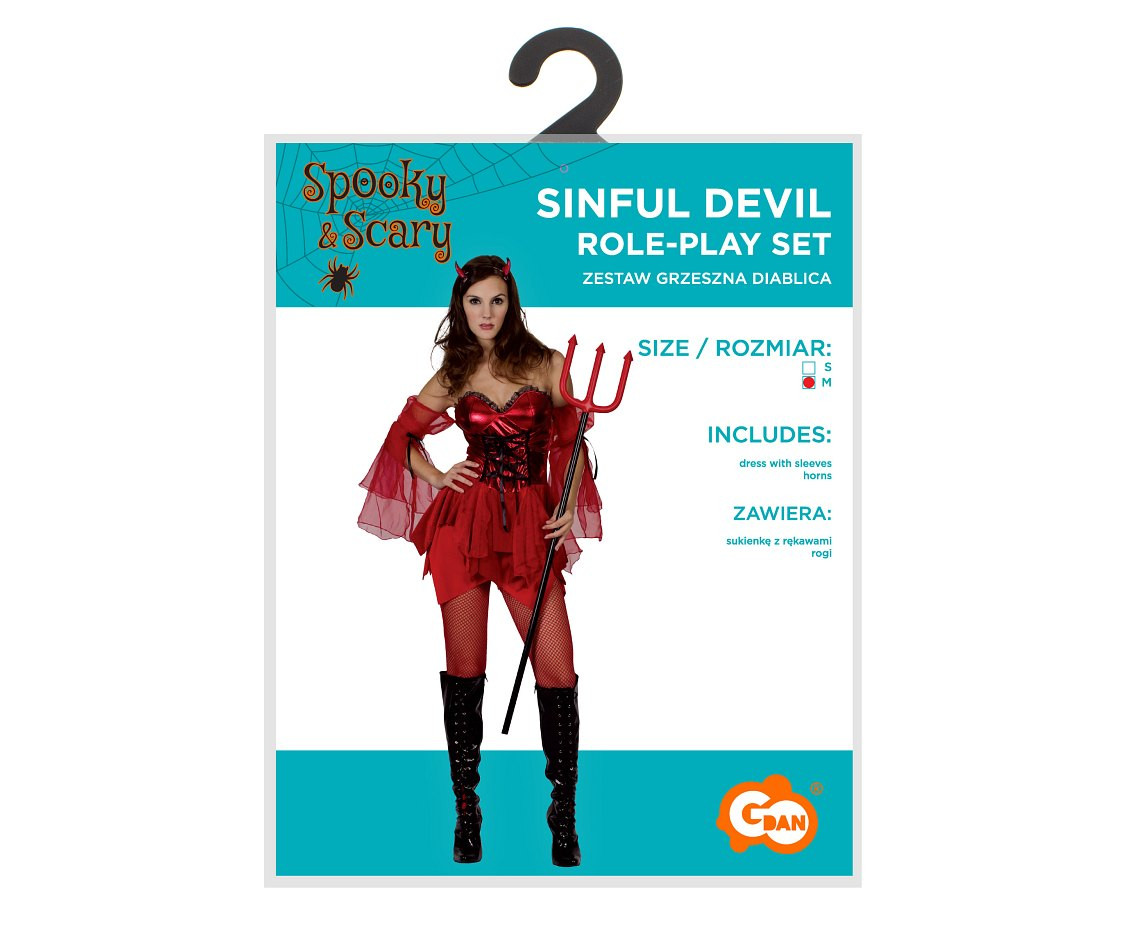 Role play-set for adult Sinful Devil (dress with sleeves, horns), size M