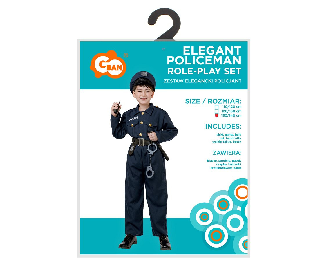 Role play-set for kids Elegant Policeman (shirt, pants, belt, hat, handcuffs, Walkie- talkie, baton), size 130/140 cm
