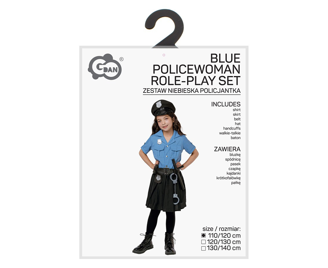 Role play-set for kids Blue Policewoman (shirt, skirt, belt, hat, handcuffs, Walkie- talkie, baton), size 110/120 cm