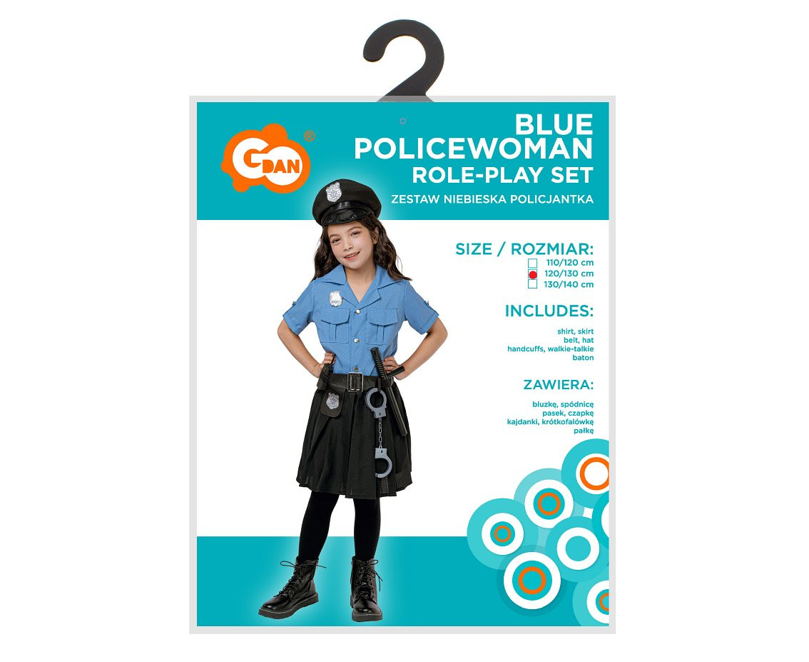 Role play-set for kids Blue Policewoman (shirt, skirt, belt, hat, handcuffs, walkie- talkie, baton), size 120/130 cm