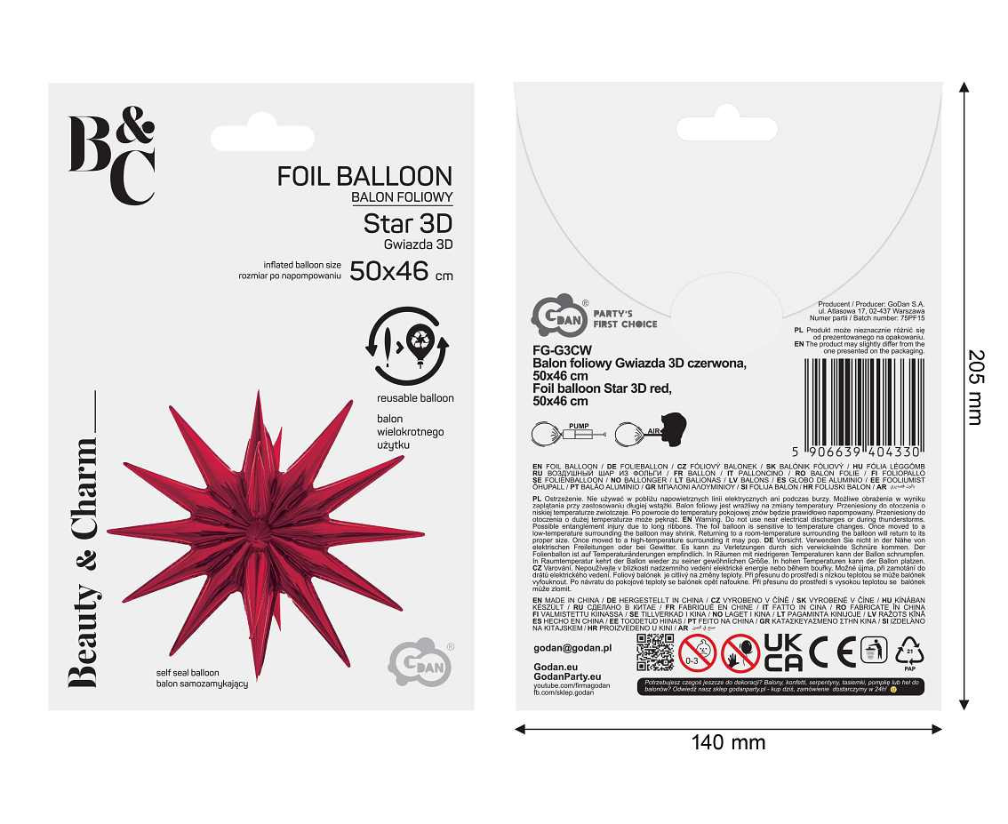 Foil balloon Star 3D red, 50 x 46 cm