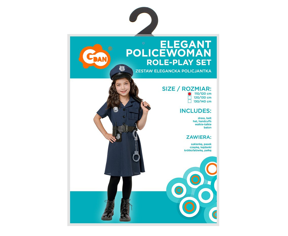 Role play-set for kids Elegant Policewoman (dress, belt, hat, handcuffs, Walkie- talkie, baton), size 110/120 cm