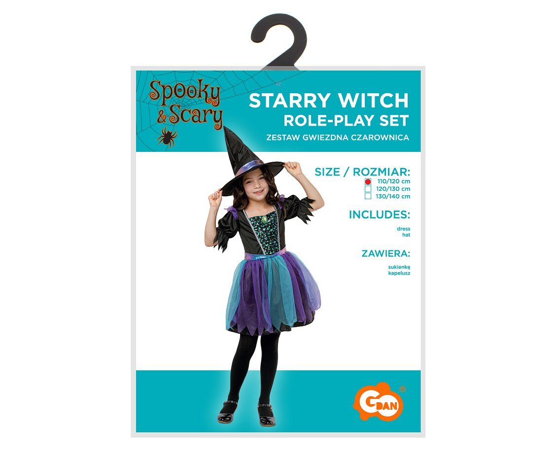 Role play-set for kids Starry Witch (dress, hat), size 110/120 cm