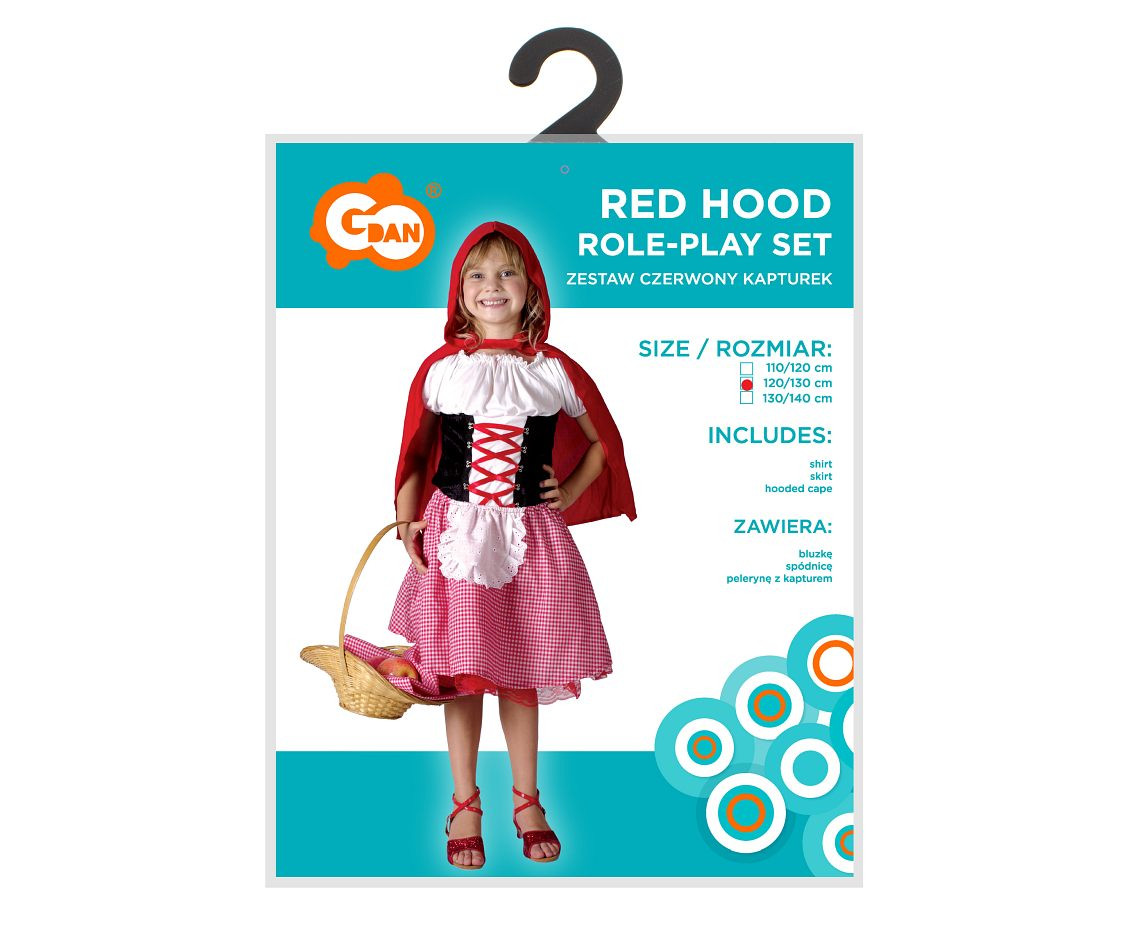 Role play-set for kids Red Hood (shirt, skirt, hooded cape), size 120/130 cm