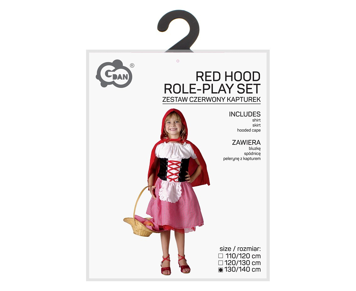 Role play-set for kids Red Hood (shirt, skirt, hooded cape), size 130/140 cm