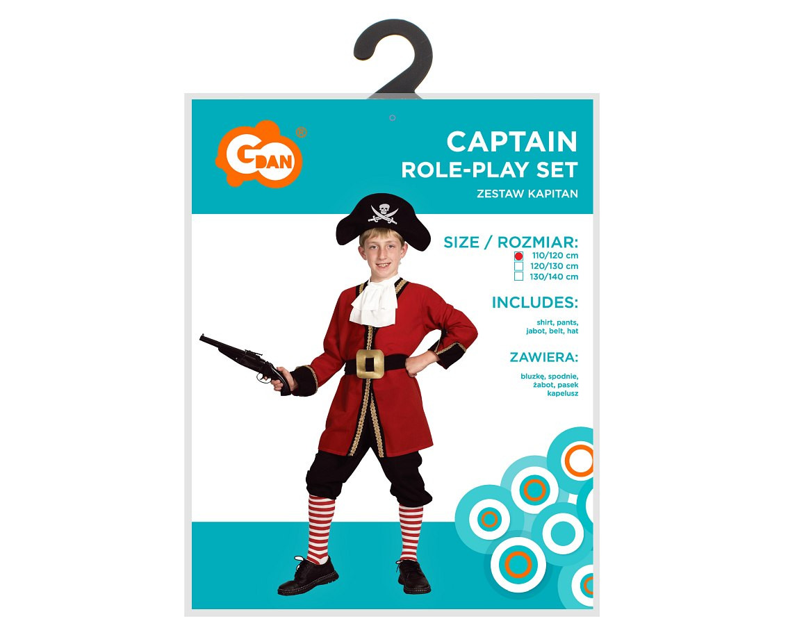 Role play-set for kids Captain (shirt, pants, jabot, belt, hat), size 110/120 cm