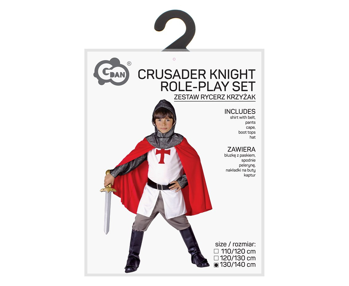 Role play-set for kids Crusader Knight (shirt with belt, pants, cape, boot tops, hat), size 130/140 cm