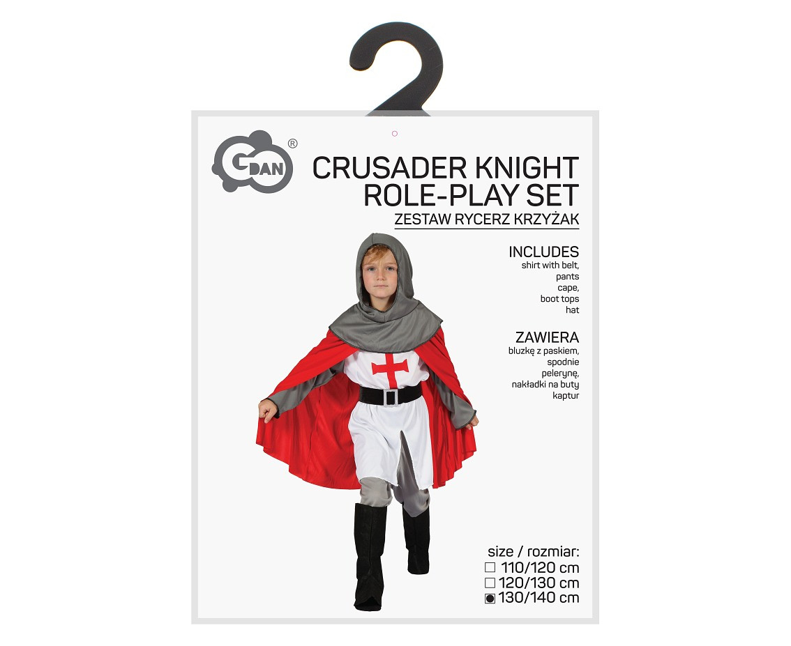 Role play-set for kids Crusader Knight (shirt with belt, pants, cape, boot tops, hat), size 130/140 cm