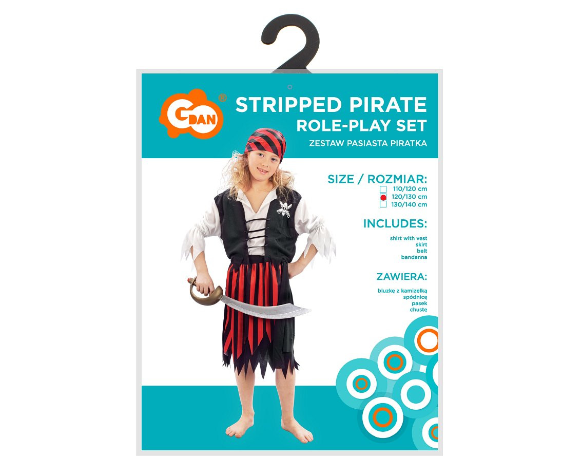 Role play-set for kids Stripped Pirate (shirt with vest, skirt, belt, bandanna), size 120/130 cm
