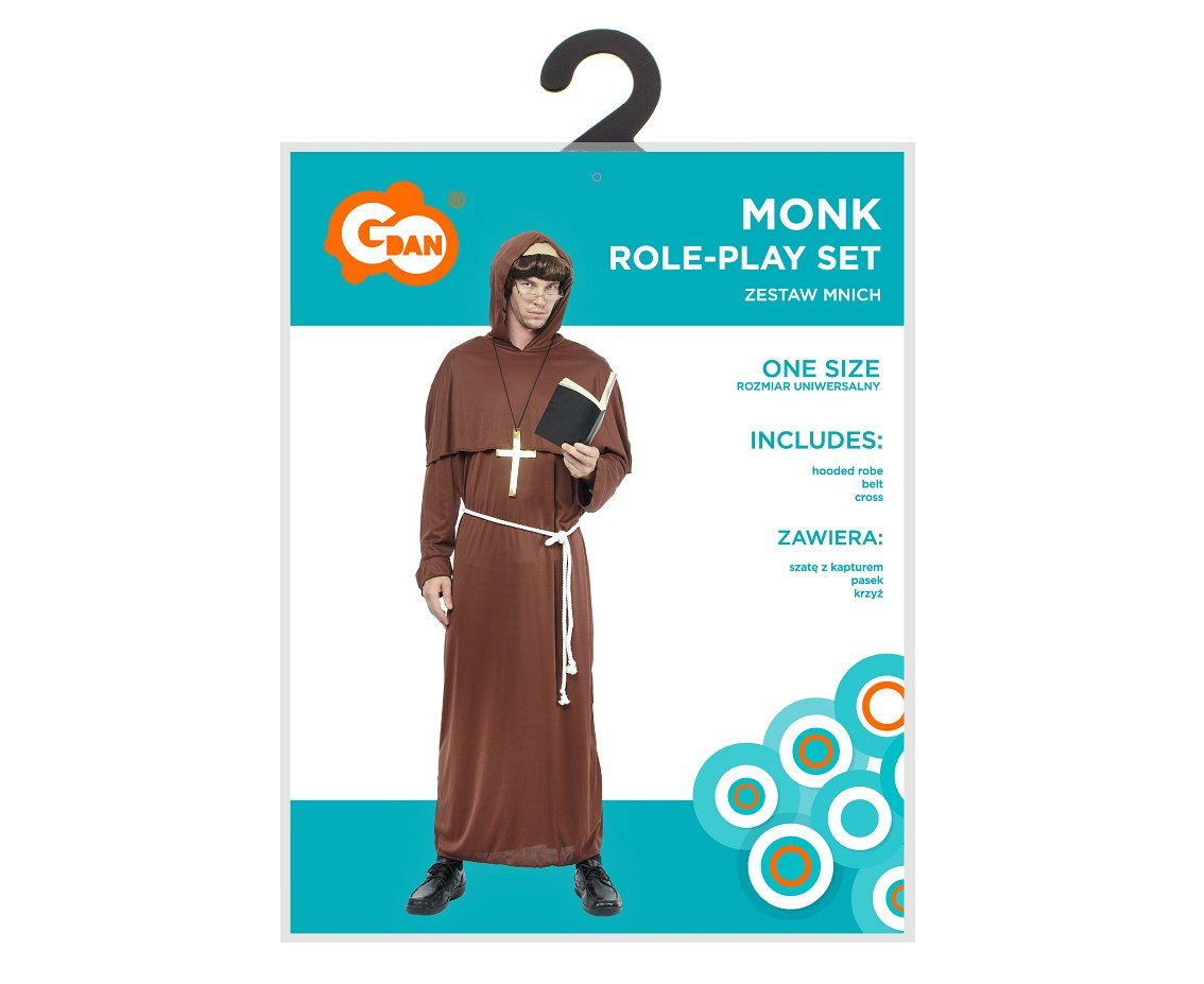 Role play-set for adult Monk (hooded robe, belt, cross), one size