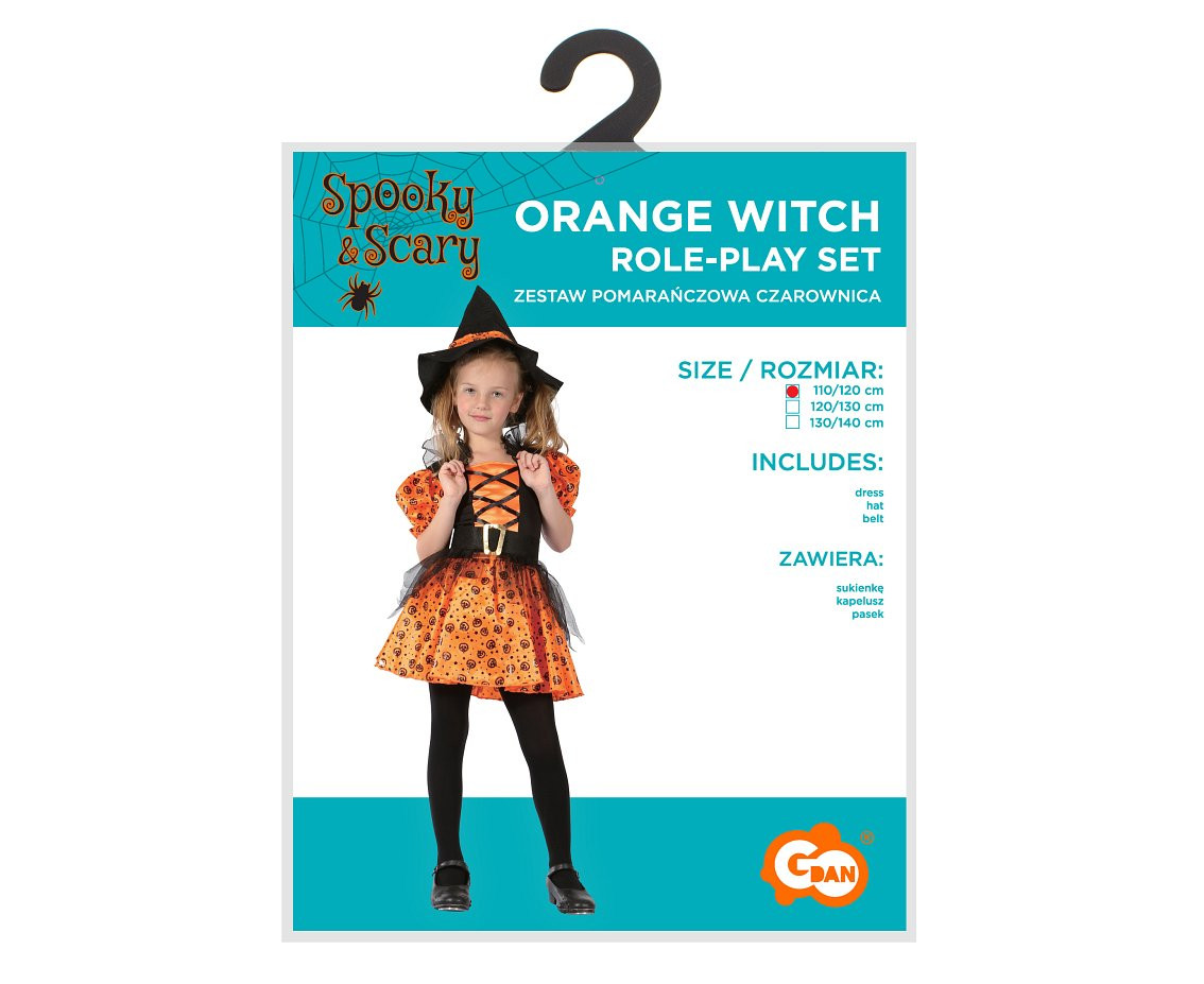 Role play-set for child Orange Witch (dress, hat, belt), size 110/120 cm EOL