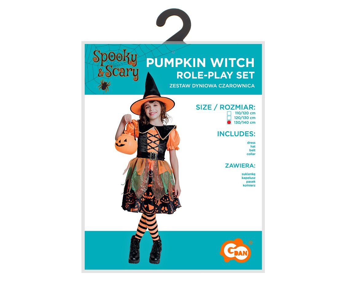 Role play-set for child Pumpkin Witch (dress, hat, belt, collar), size 130/140 cm EOL
