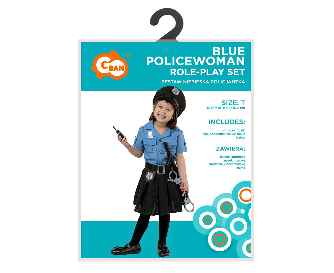 Role play-set for kids Blue Policewoman (shirt, kirt, belt, cap, handcuffs, walkie talkie, baton), size 92/104 cm
