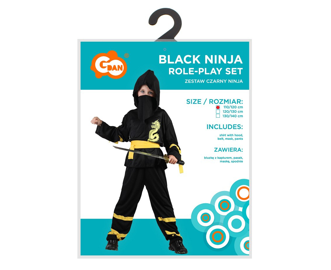 Role play-set for kids Black Ninja (shirt with hood, belt, mask, pants), size 110/120 cm