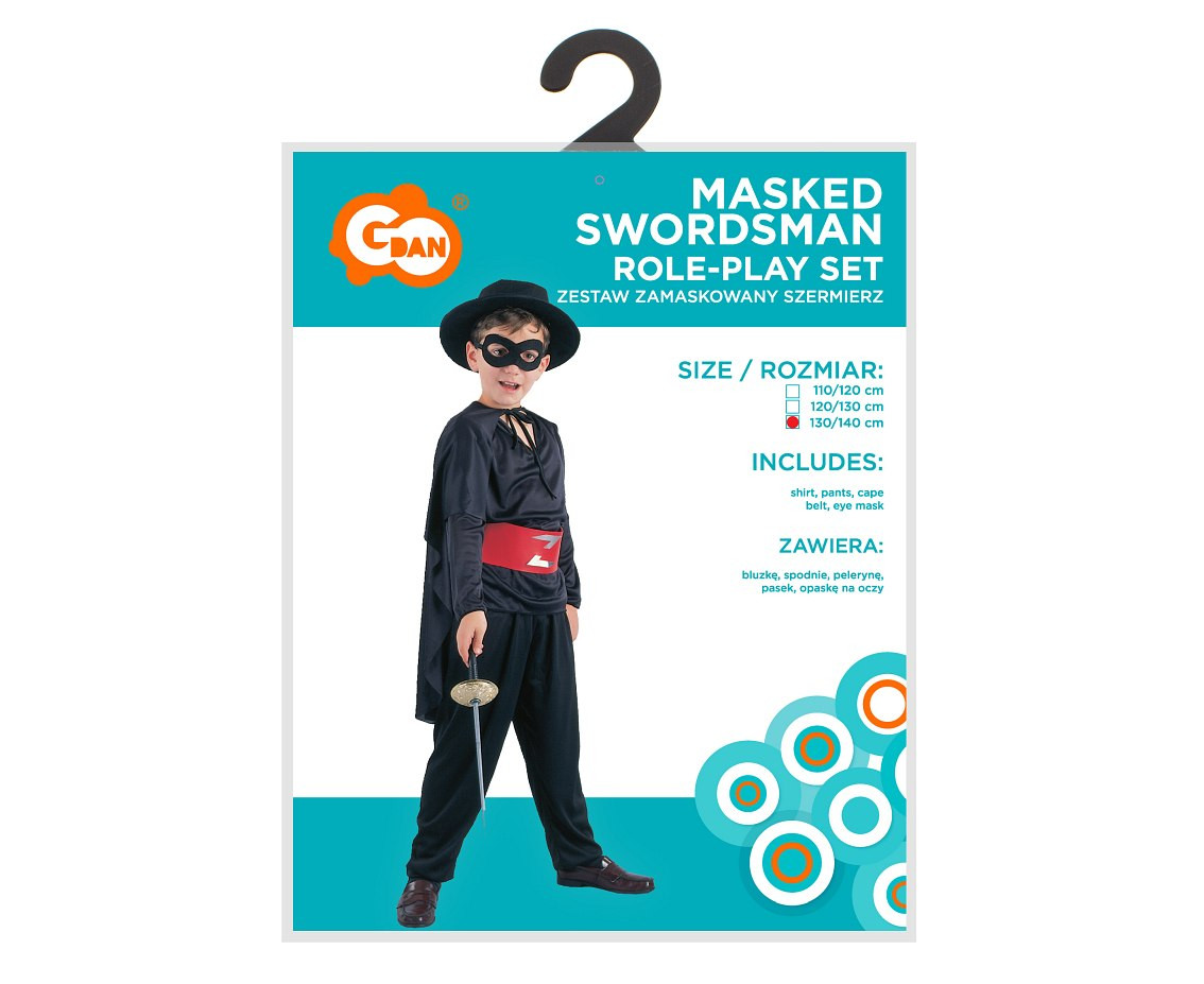 Role play-set for kids Masked Swordsman (shirt, pants, cape, belt, eye mask), size 120/130 cm