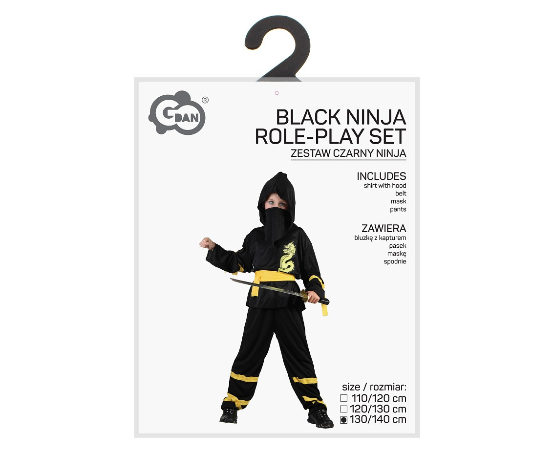 Role play-set for kids Black Ninja (shirt with hood, belt, mask, pants), size 130/140 cm