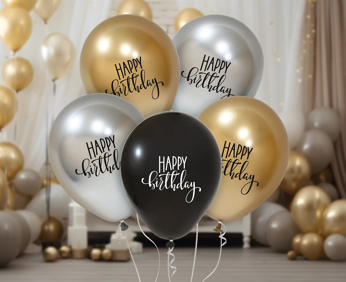 Happy Birthday balloons, platinum, 12"/ 5 pcs