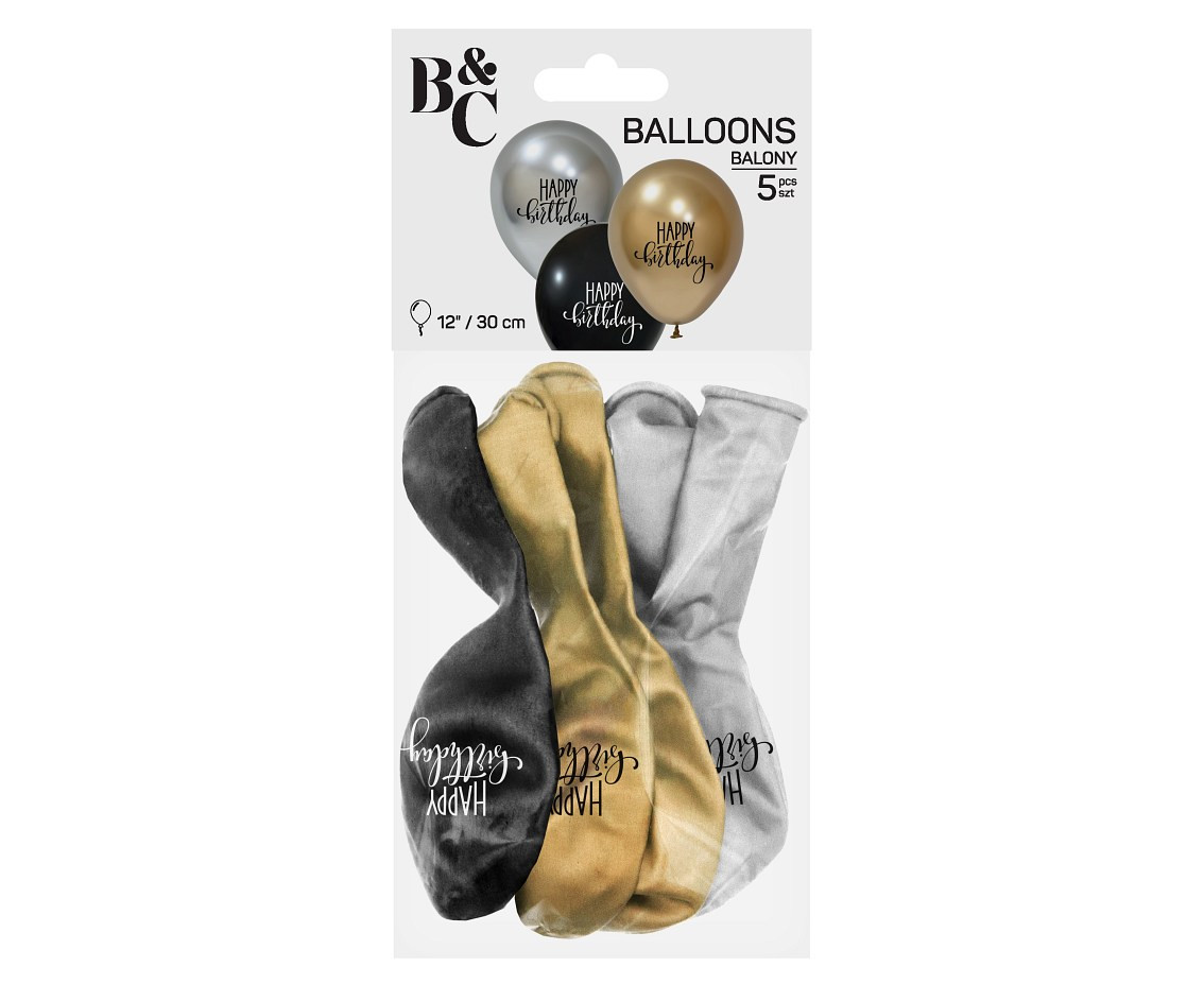 Happy Birthday balloons, platinum, 12"/ 5 pcs