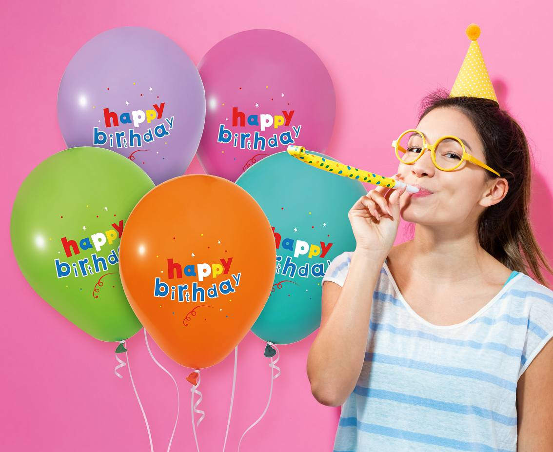 Happy Birthday balloons, pastel, 12"/ 5 pcs