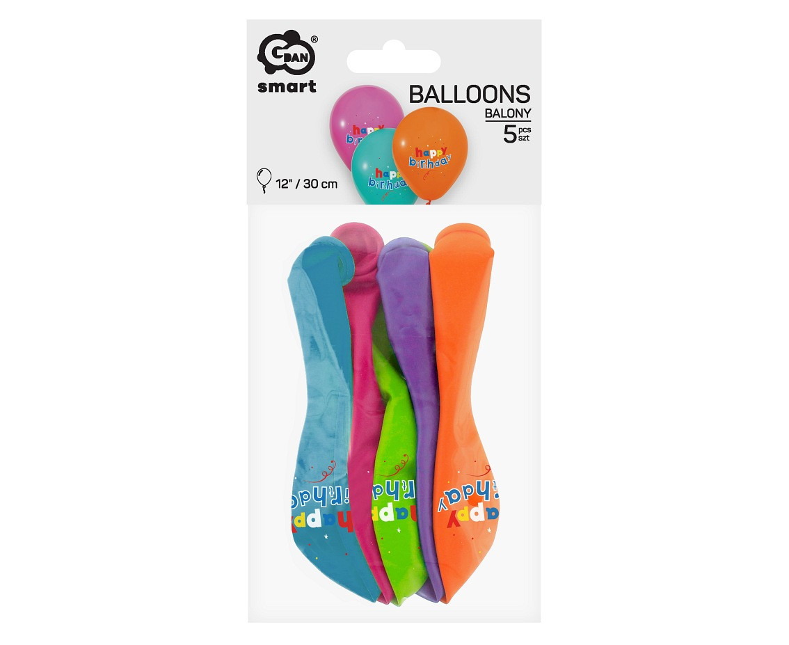 Happy Birthday balloons, pastel, 12"/ 5 pcs