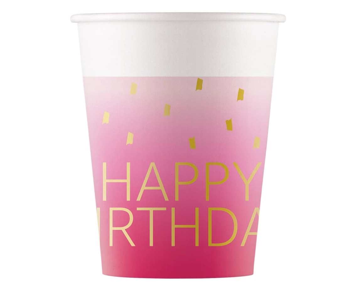 Paper cups Pink Happy Birthday, Decorata, FSC, 200 ml, 8 pcs EOL