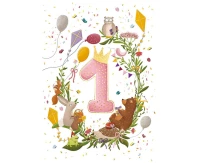 Greeting card  A5 "1st Birthday" PINK , 1 pc