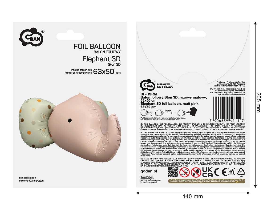 Elephant 3D foil balloon, matt pink, 63x50 cm