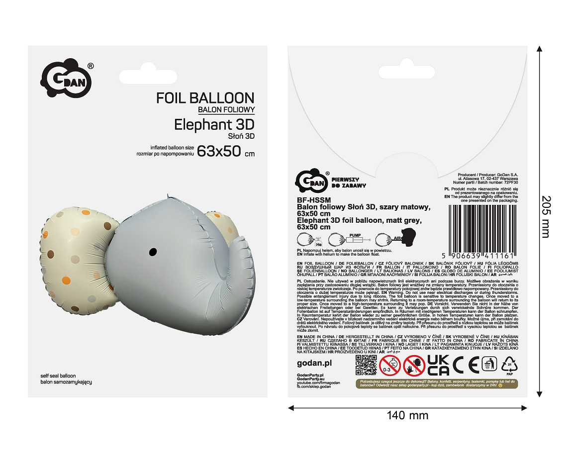 Elephant 3D foil balloon, matt grey, 63x50 cm