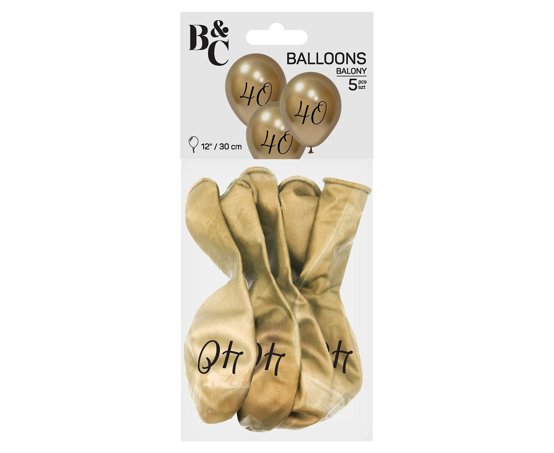 Balloons B&C 12",  40th birthday, platinum light gold, 5pcs