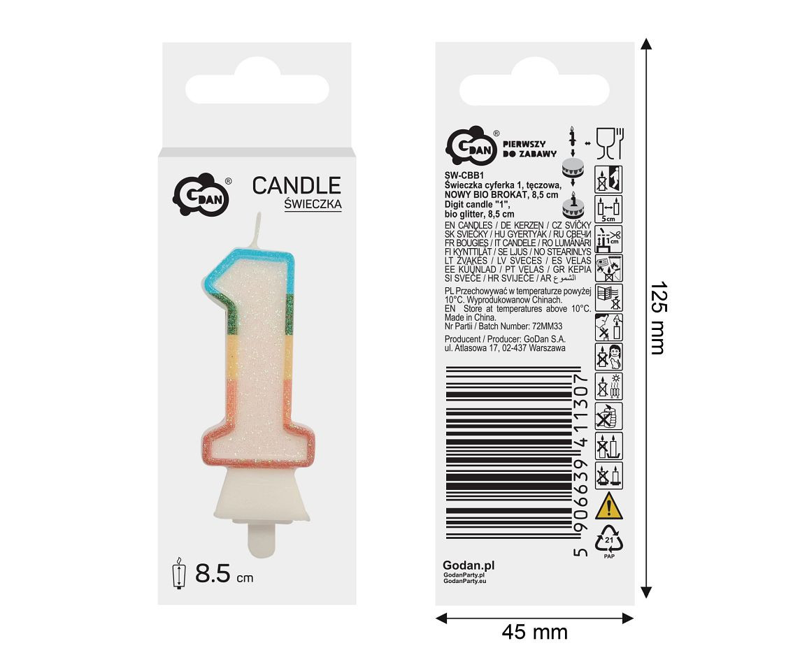 Digit candle "1", bio glitter, 8,5 cm