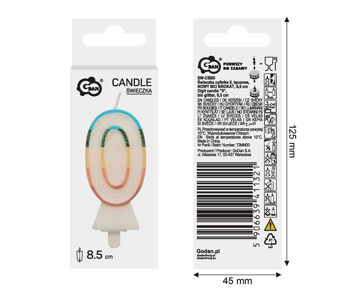 Digit candle "0", bio glitter, 8,5 cm