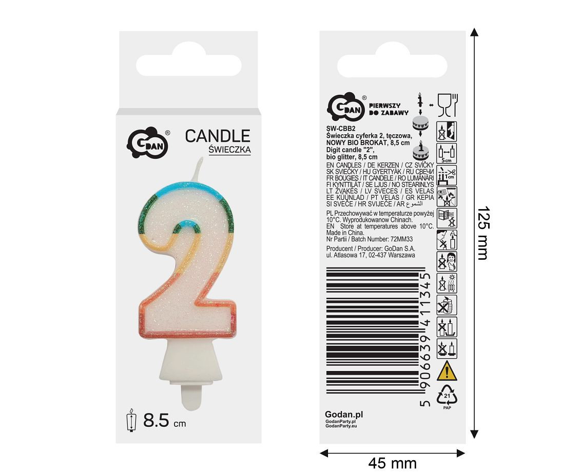 Digit candle "2", bio glitter, 8,5 cm