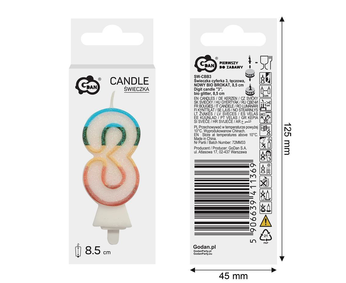 Digit candle "3", bio glitter, 8,5 cm