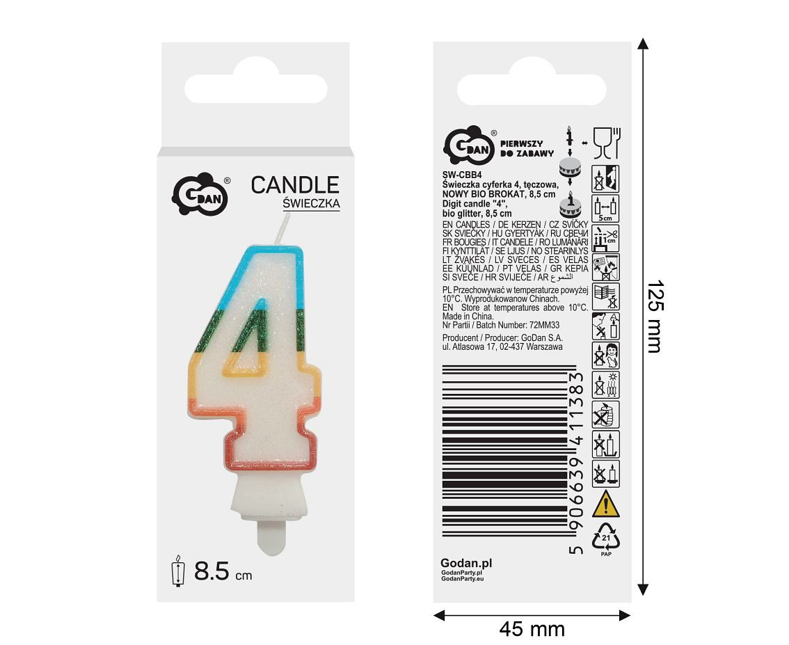 Digit candle "4", bio glitter, 8,5 cm