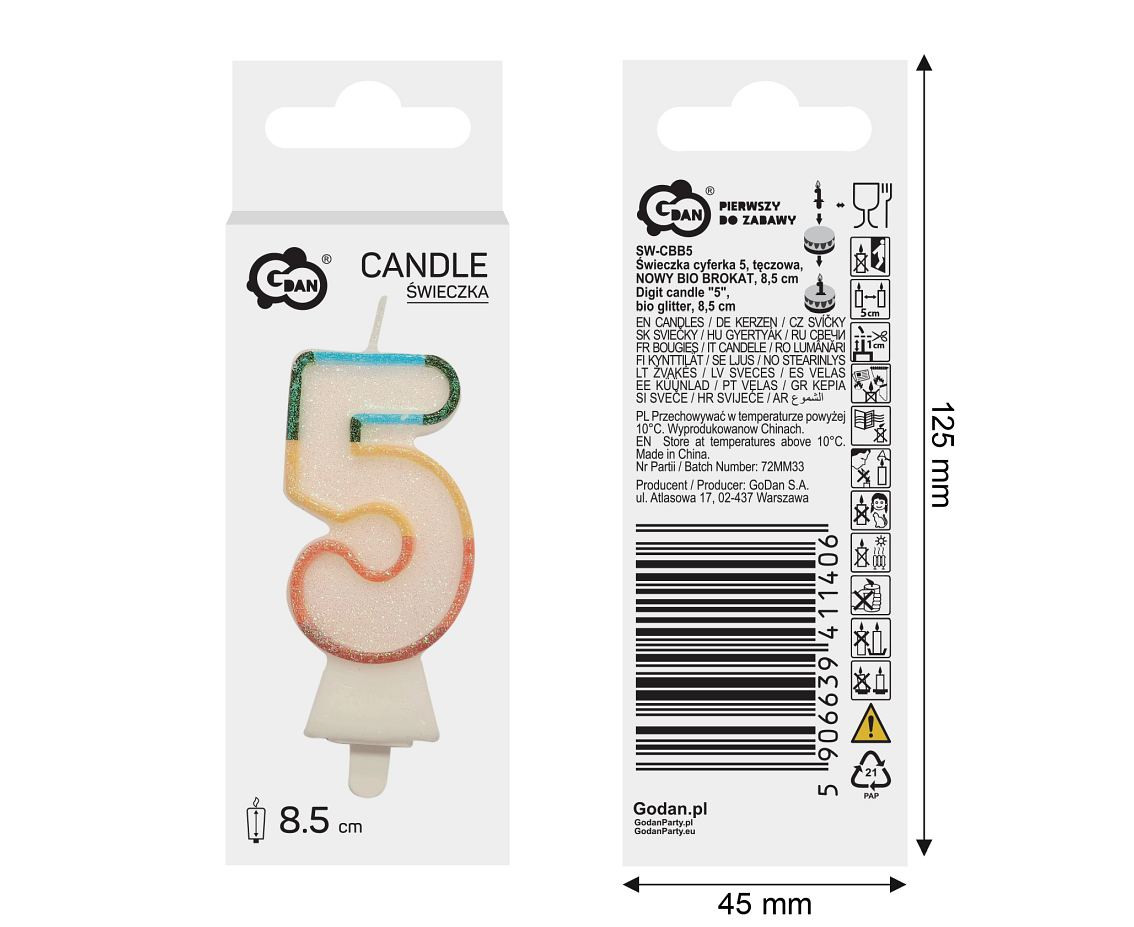 Digit candle "5", bio glitter, 8,5 cm