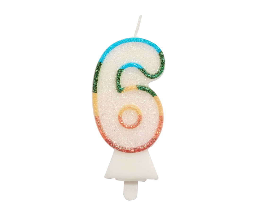 Digit candle "6", bio glitter, 8,5 cm