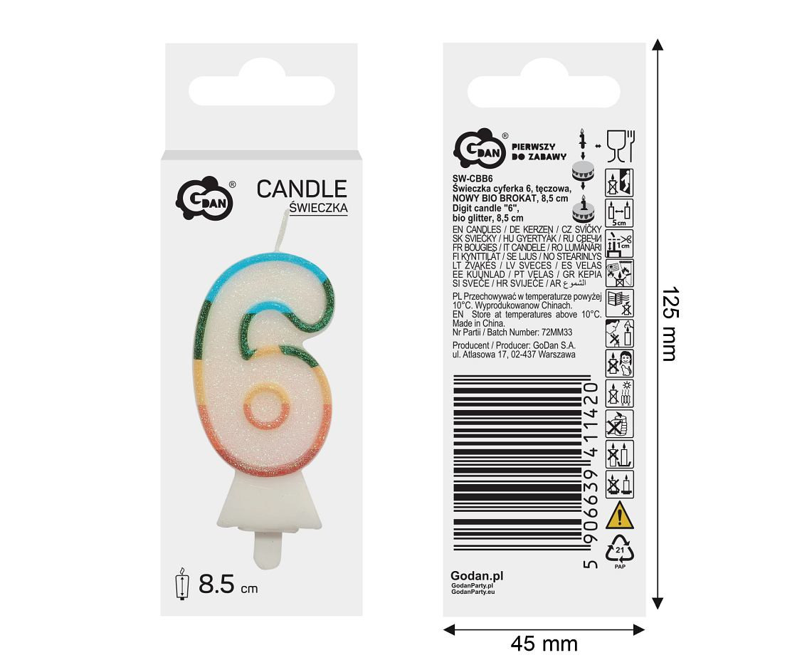 Digit candle "6", bio glitter, 8,5 cm