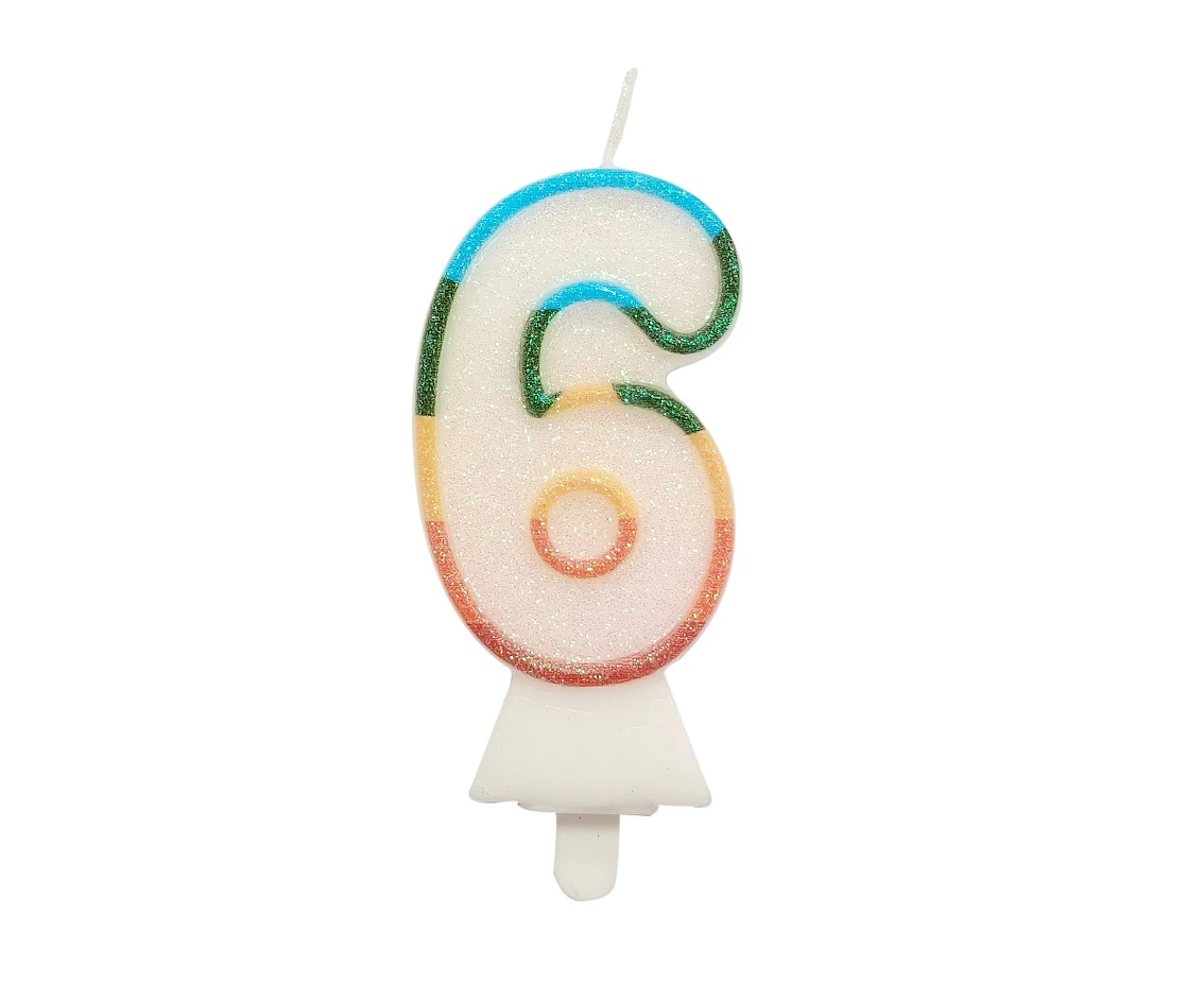Digit candle "6", bio glitter, 8,5 cm