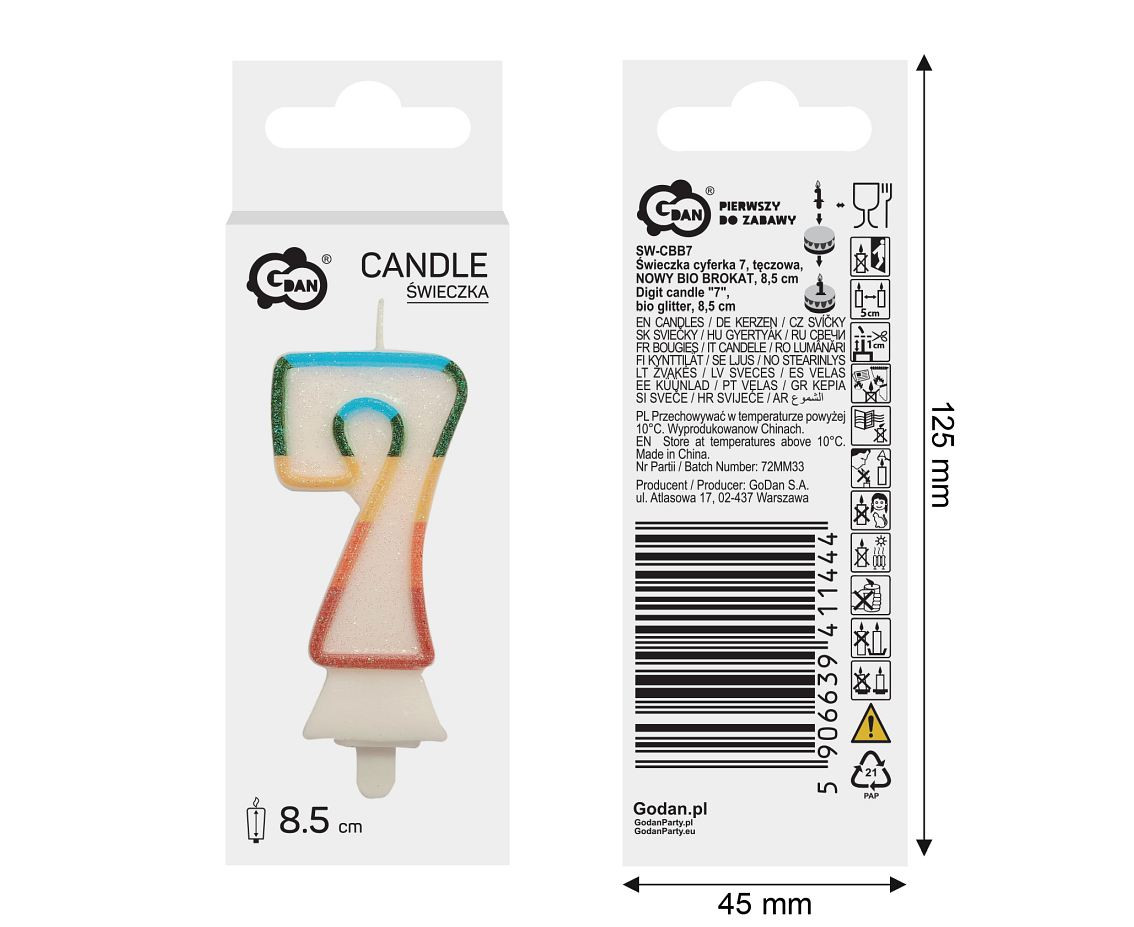 Digit candle "7", bio glitter, 8,5 cm