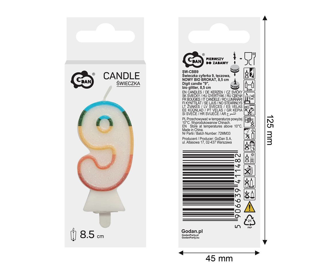 Digit candle "9", bio glitter, 8,5 cm