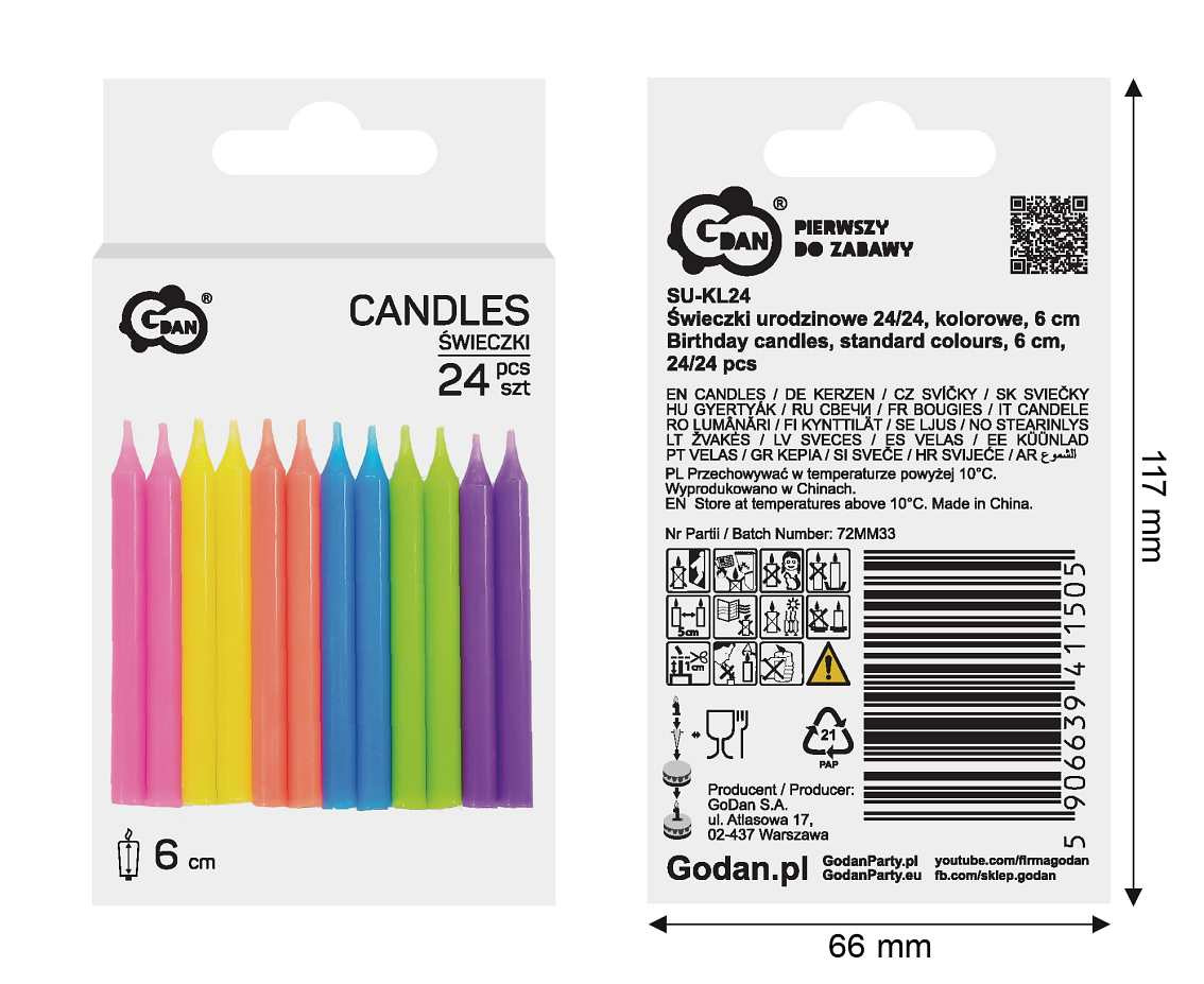 Birthday candles, standard colours, 6 cm, 24/24 pcs
