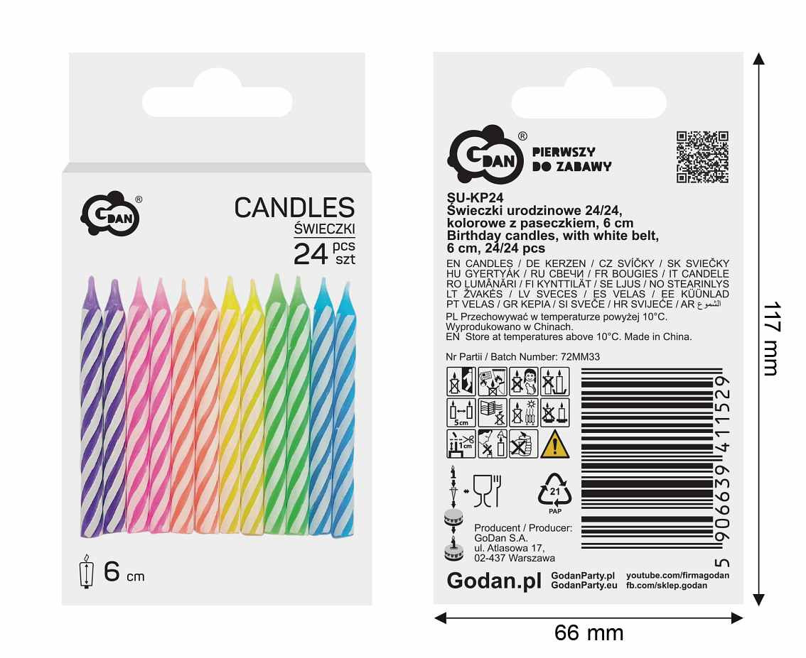 Birthday candles, with white belt, 6 cm, 24/24 pcs