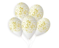 Balloons Gemar 13", premium helium marble white, gold print, 5pcs EOL